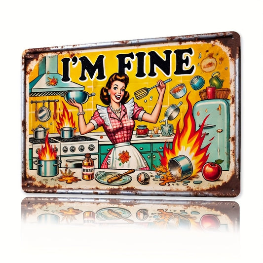 2D Flat, Vintage "I'm Fine" Metal Tin Sign - Retro Wall Art with Humorous Kitchen Scene, Perfect for Bars, Cafes, Beach Houses & Farmhouse Decor - 8x12 Inch, Iron Material, Metal Wall Art Decor, Perfect for Room Decor