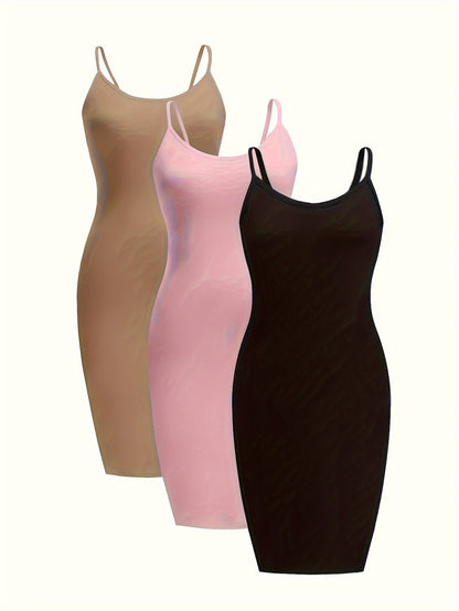 [3 Pack Plus Size Cami Dress] 3 Pack Plus Size Basic Dress Set, Women's Plus Solid Round Neck Medium Stretch Slim Fit Cami Dress Three Piece Set