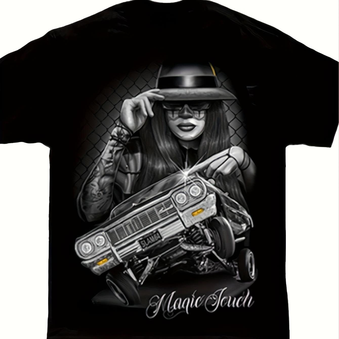 Mens DGA d Gonzales Magic Touch Lowrider Chicano Art T-Shirt | Mexican Folk Art Graphic Tee with Catrina & Lowrider Car Design, Soft Fit Casual Wear, Crew Neck, Short Sleeve, Medium Stretch Fabric, All-Season Wear.
