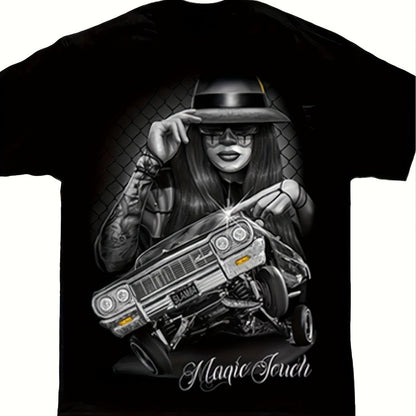 Mens DGA d Gonzales Magic Touch Lowrider Chicano Art T-Shirt | Mexican Folk Art Graphic Tee with Catrina & Lowrider Car Design, Soft Fit Casual Wear, Crew Neck, Short Sleeve, Medium Stretch Fabric, All-Season Wear.