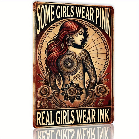 Vintage Tattoo Artist Metal Sign 8x12 Inch - 'Some Girls Wear Pink' Retro Wall Art with Redhead Woman & Floral Tattoo Design - Rustic Decor for Bedroom, Bar, Tattoo Shop, Man Cave - Durable Tin Sign, Easy to Hang, Unique Gift