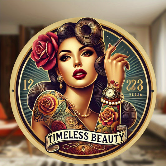 Vintage Tattoo-Inspired Wooden Wall Art "Eternal Beauty" Round Sign - 12x8 Inch Retro with Floral Roses, Pearls & Timeless Design, Wood for Living Room, Bedroom, Office, Cafe - Unique Gift Idea, House Decor, Bedroom Accent Pi