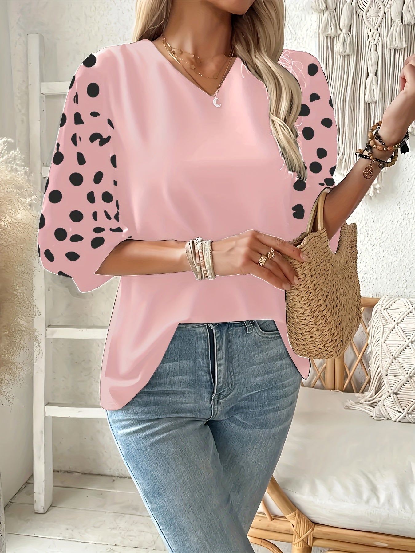 Plus Size V‑Neck Blouse – Lightweight, Breathable Polka Dot Contrast Sleeve Top