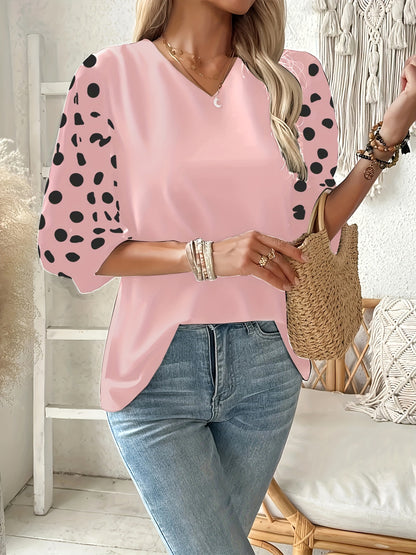 Plus Size V‑Neck Blouse – Lightweight, Breathable Polka Dot Contrast Sleeve Top