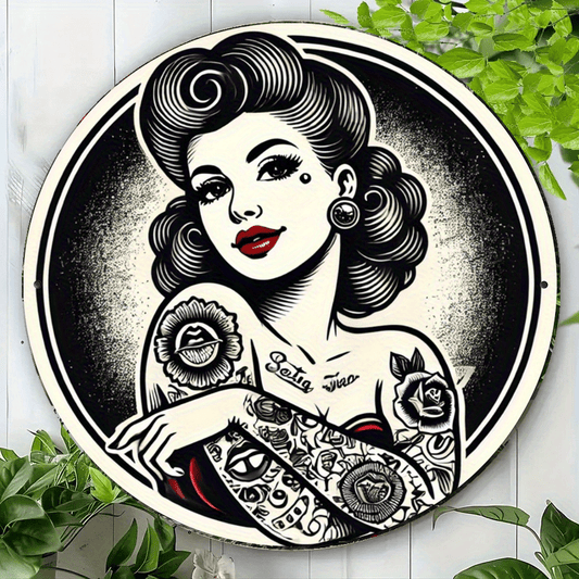 Vintage Tattoo Girl Aluminum Wall Art - Round Retro Metal Sign with Intricate Tattoo Design, Industrial Home Office Bedroom Decor, No Batteries Needed, Easy Mounting, Tattoo Decor