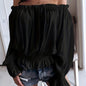 Chic Off Shoulder Ruffle Trim Blouse - Soft Micro Elastic Polyester Fabric, Shirred Details, Solid Color, Casual Long Sleeve Top for Women - Perfect for Spring, Fall, and Summer