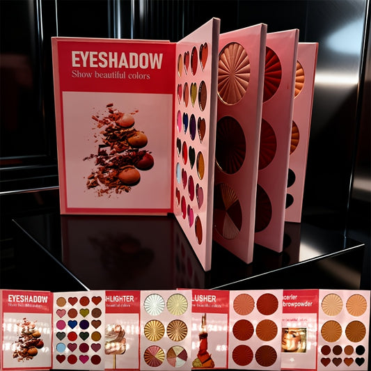 4 Pages Super Full Color Makeup In One Plate Powder Star Book Eyeshadow Plate Containing Eyeshadow + Highlights + Blush + EyebrowMagnetic Eyelashes Eyelash Curler, Lip Liner, Eyelash Clusters, Eyebrow Pencil, Hand Sanitizer S