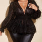 Elegant Plus Size Black V-Neck Blouse with Fringe Detail - Long Sleeve, Semi-Sheer Polyester, Perfect for Spring/Fall Fashion, Semiformal Attire | Sophisticated Style | Polyester Fabric