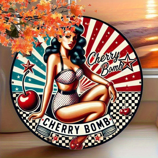 Vintage Cherry Bomb Round Aluminum Sign – Retro 7.8×7.8in Metal Wall Art for Home, Bar, Café & Garage Décor