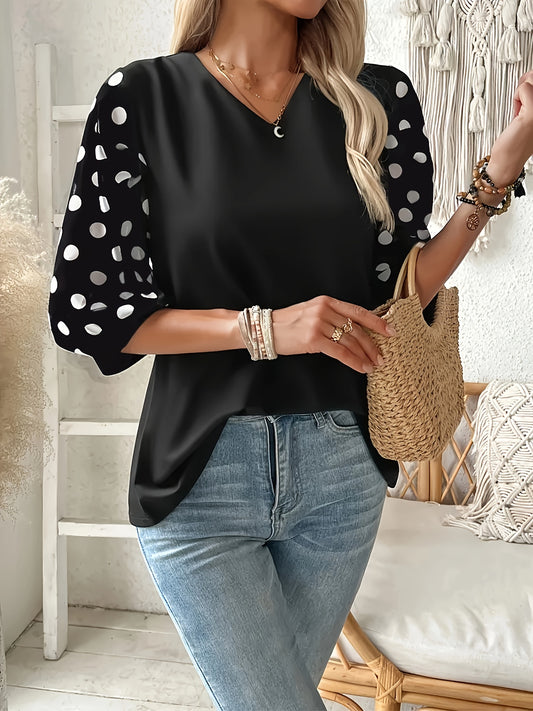 Plus Size V‑Neck Blouse – Lightweight, Breathable Polka Dot Contrast Sleeve Top