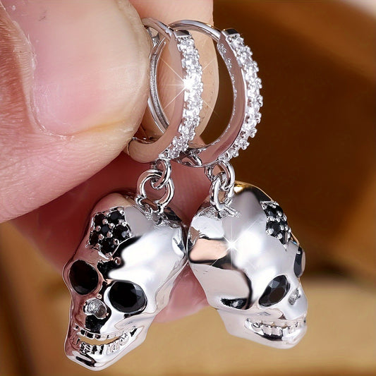 Gothic Chic Skull Dangle Earrings - Hypoallergenic Nickel-Free Copper, Sparkling Cubic Synthetic Zirconia Accents, Perfect for Halloween Parties, Casual Daily Wear, and Goth Fashion Enthusiasts