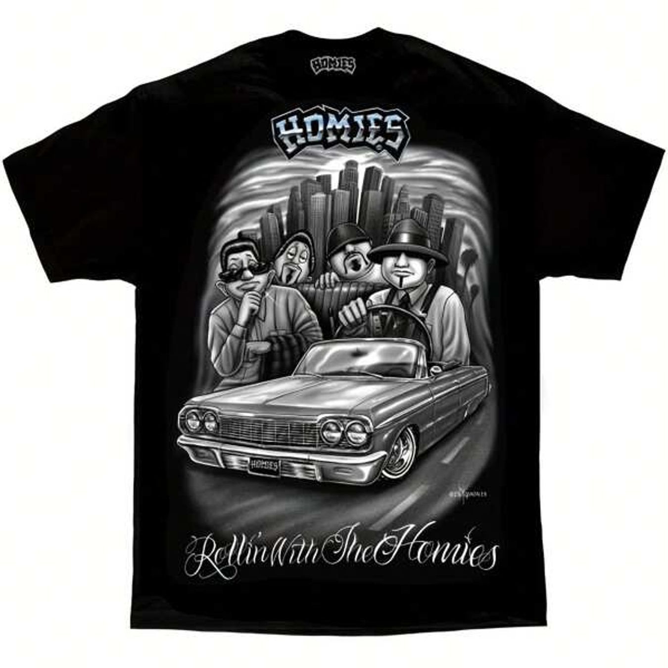 Urban HOMIES Graphic Tee - Black T-Shirt Featuring City Skyline and Classic Convertible Car Design, Bold 'HOMIES' Text, Cartoon Figures in Street Style Vibe, Relaxed Casual Wear - Perfect for Daily Outings, Street Style Enthu