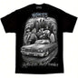 Urban HOMIES Graphic Tee - Black T-Shirt Featuring City Skyline and Classic Convertible Car Design, Bold 'HOMIES' Text, Cartoon Figures in Street Style Vibe, Relaxed Casual Wear - Perfect for Daily Outings, Street Style Enthu