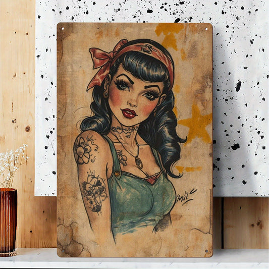 1pc Vintage Sailor Jerry Pin Up Girl Metal Tin Sign - 12x8 Inch Retro Tattoo Art Wall Decor with Tea-Stained Watercolor Design, Mid-Century Modern Female Figure Artwork for Man Cave, Bar & Home - Easy to Hang Durable Metal Si