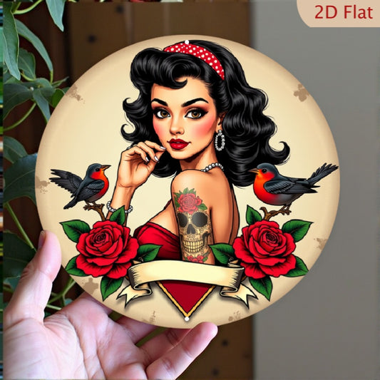 2D Flat - 1pc 2D Flat Pin-up Girl 7.8X7.8 Round Aluminum Sign | Skull Tattoo, Bird and Roses Metal Tin Sign - Bandana Rustic Metal Wall Art, Art Deco Style, Wall Decor for Home, Garage, Dining Room, Cafe, Perfect for Room