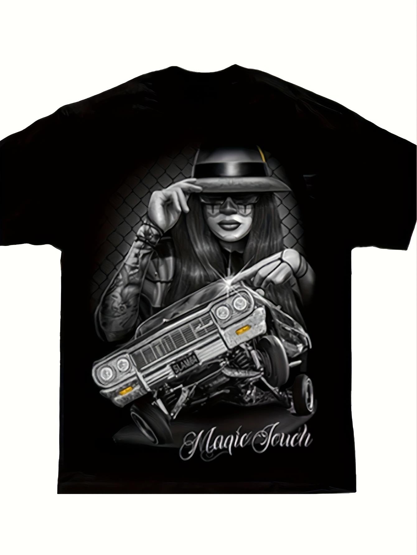 Mens DGA d Gonzales Magic Touch Lowrider Chicano Art T-Shirt | Mexican Folk Art Graphic Tee with Catrina & Lowrider Car Design, Soft Fit Casual Wear, Crew Neck, Short Sleeve, Medium Stretch Fabric, All-Season Wear.