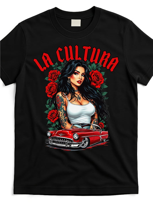 Chola Pin-Up Chicano Mexican Latina Car Show Cinco De Mayo T-Shirt. Unisex Design for 2025 Summer, Featuring Short Sleeves And Made from 220G Pure