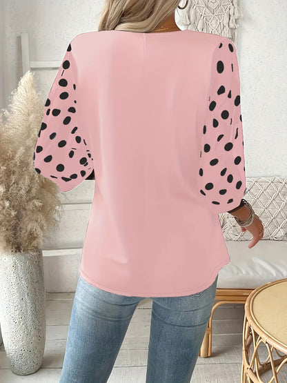 Plus Size V‑Neck Blouse – Lightweight, Breathable Polka Dot Contrast Sleeve Top