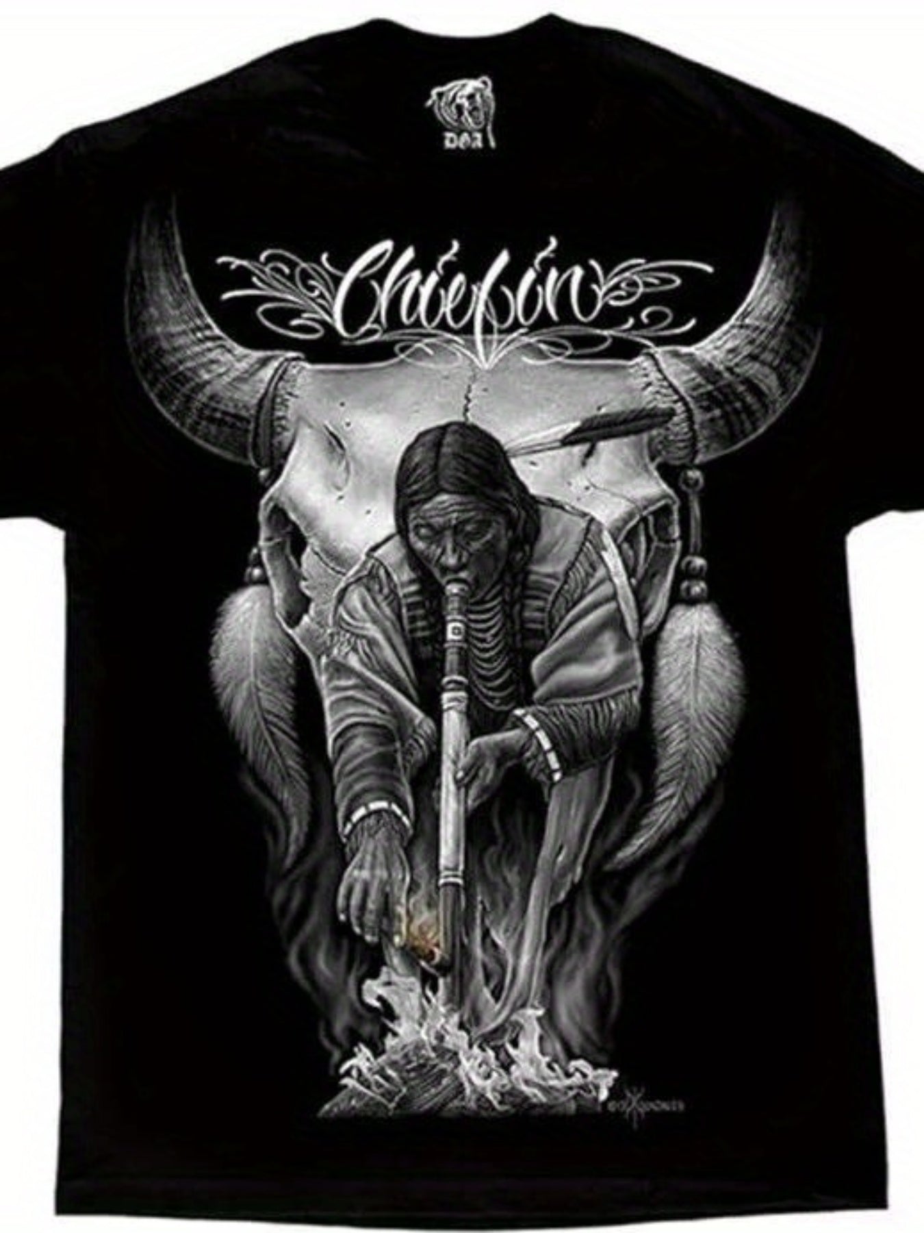 Black Plus Size T-Shirt with Stunning Bull Skull and Native American Inspired Graphic