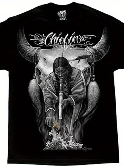 Black Plus Size T-Shirt with Stunning Bull Skull and Native American Inspired Graphic