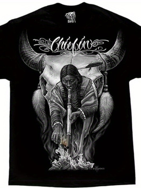 Black Plus Size T-Shirt with Stunning Bull Skull and Native American Inspired Graphic