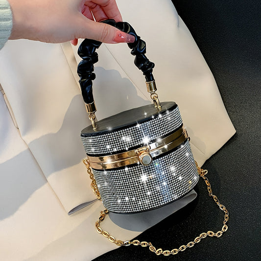 Mini Allover Rhinestone Handbag, Ruched Detail Evening Bucket Bag, Stylish Chain Shoulder Purse For Party (3.9*4.7*4.7) Inch - Rhinestone & Chain Detail - Perfect for Evening Events & Parties - Ideal Gift for Women -  For Car
