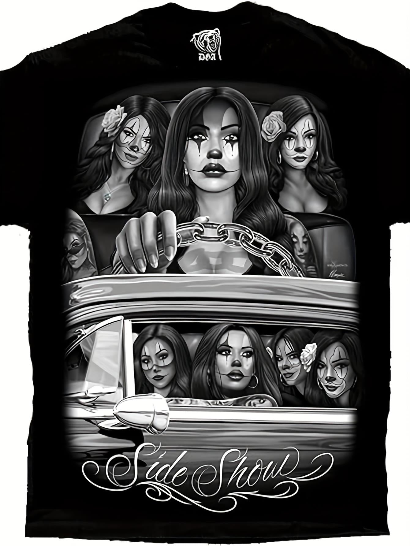 Side Show Cruising Lowrider Sexy Payasa Clown d Gonzales Art DGA T Shirt_ Design Street Trending Style Casual Love Lover Tee Mens Comfortable Cotton Round Neck Short Sleeves T-shirt 180g, Streetwear Fashion, Everyday Tee, Art