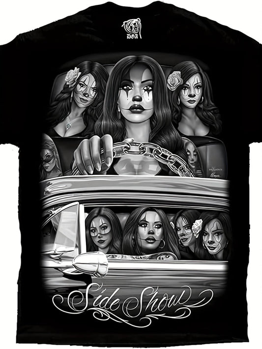 Side Show Cruising Lowrider Sexy Payasa Clown d Gonzales Art DGA T Shirt_ Design Street Trending Style Casual Love Lover Tee Mens Comfortable Cotton Round Neck Short Sleeves T-shirt 180g, Streetwear Fashion, Everyday Tee, Art