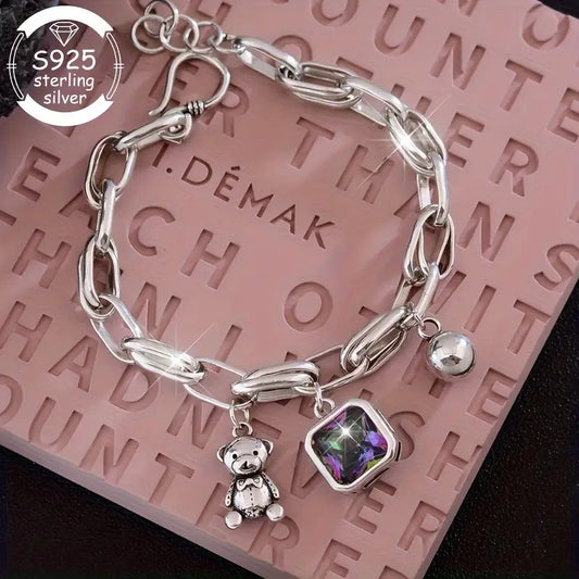 925 Silver Fashion Retro Bear Square Synthetic Zirconia Bracelet for Women- Perfect Jewelry for Daily Wear, Gifts, Music Festivals, Proposals& Back-to-School Season- The Ultimate Luxury Gift for Best Friends, Jewelry for Wome