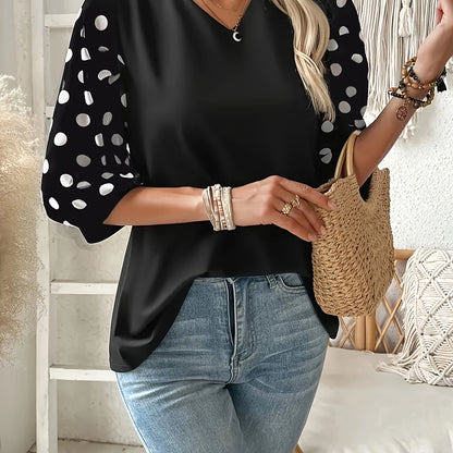 Plus Size V‑Neck Blouse – Lightweight, Breathable Polka Dot Contrast Sleeve Top