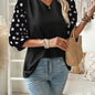 Plus Size V‑Neck Blouse – Lightweight, Breathable Polka Dot Contrast Sleeve Top
