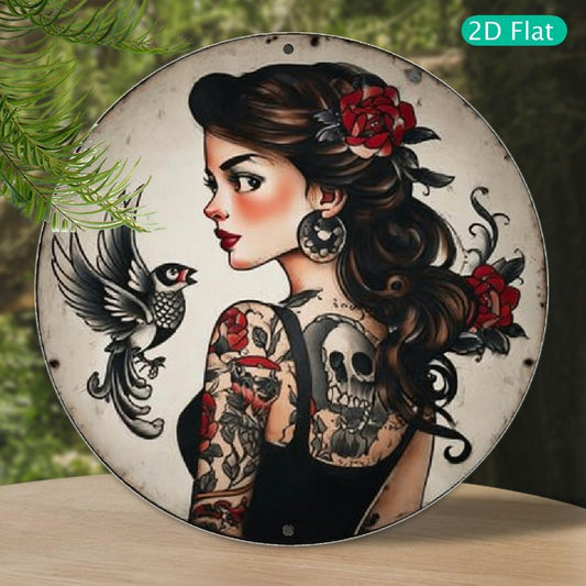 2D Flat, 1pc  Style Tattoo Metal Wall Art Sign - 8x8 Inch Round Aluminum Decoration, Featuring Bold Female and Skull Designs, Red Roses and Birds - Easy to Hang, Durable and Unique - Perfect for Bars, Courtyards, Offices, and