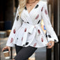 Floral Print Surplice Neck Blouse, Elegant Tie Waist Lantern Sleeve Blouse For Spring & Fall, Women's Clothing