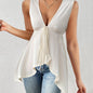 Chic V-Neck Blouse - Exuding Elegant Sophistication with Chic Tie Front Detail, Unique Irregular Hem Design, and Comfortable Sleeveless Style - Perfect for Warm Weather (Spring & Summer) Womens Clothing