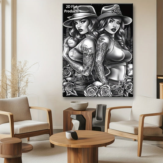 2D Flat, 1pc Framed Black & White Tattoo Art Poster - Two Women with Intricate Sleeve Tattoos, Vintage Pin-Up Style Canvas Print, Wrap-Around Frame for Indoor/Outdoor Wall Decor - Retro Art Deco for Living Room, Bedroom, Bath