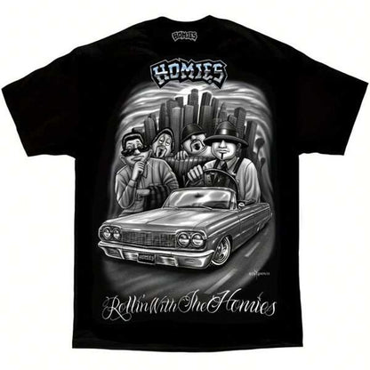 Urban HOMIES Graphic Tee - Black T-Shirt Featuring City Skyline and Classic Convertible Car Design, Bold 'HOMIES' Text, Cartoon Figures in Street Style Vibe, Relaxed Casual Wear - Perfect for Daily Outings, Street Style Enthu