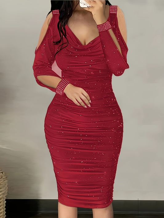Hot-fix Rhinestone Embellished Swing Neckline Bodycon Dress
