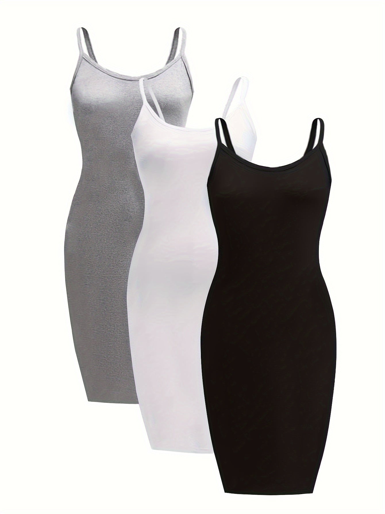 [3 Pack Plus Size Cami Dress] 3 Pack Plus Size Basic Dress Set, Women's Plus Solid Round Neck Medium Stretch Slim Fit Cami Dress Three Piece Set