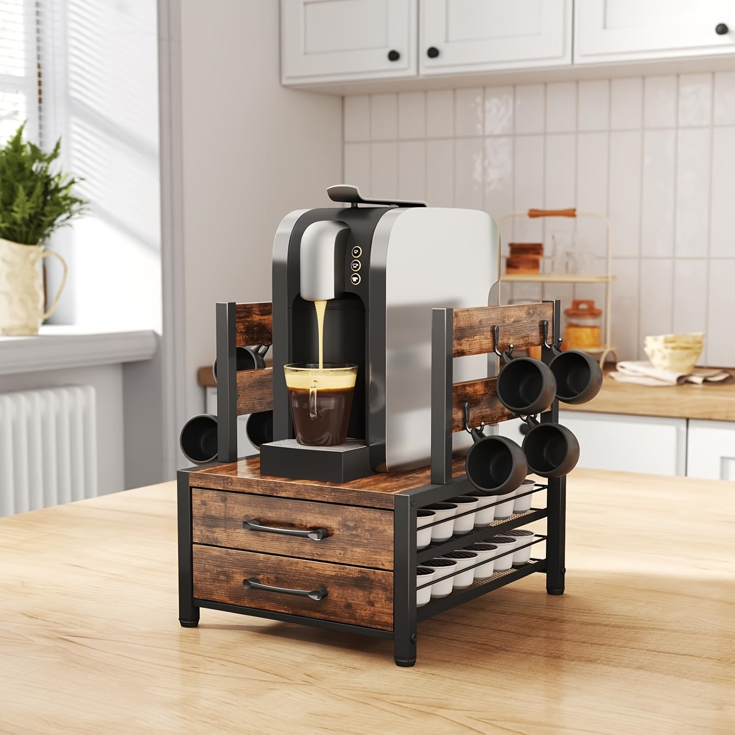 Coffee Capsule Storage Rack And Mug Holder, Double Layer Coffee Machine Stand, K Cup Holder Drawer, 70 Capacity Bean Pod Organizer, Home Kitchen Countertop Organizer, Rustic Brown