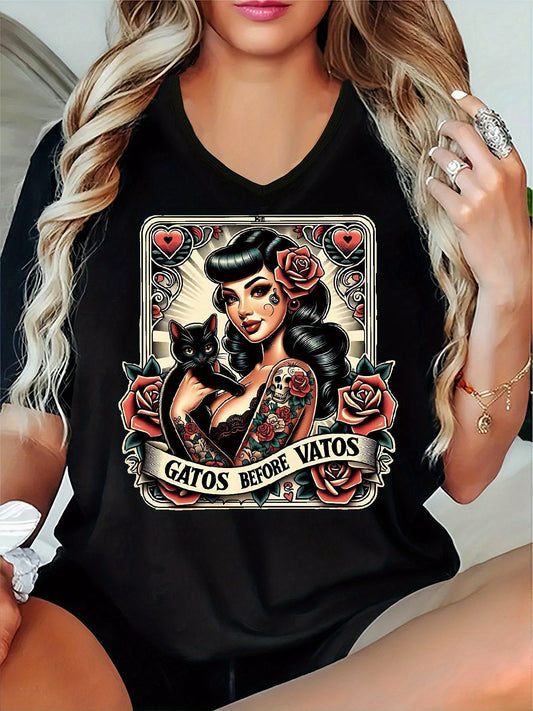 Women's Black "Gatos Before Vatos" Cat & Spanish Phrase T-Shirt - Short Sleeve Round Neck Casual Summer Top with Flower & Cat Pattern, Stretchy Spring Blouse for Spanish Speakers/Cat Lovers
