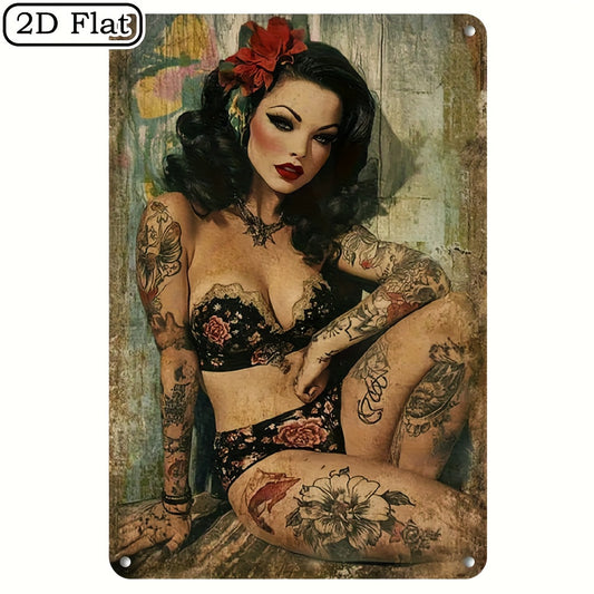 1pc Vintage Tattooed Lady Metal Tin Sign - Retro Pinup Wall Art with 1940s/50s Pin-Up, Floral Lingerie & Red Lipstick Design - Easy Hang Weathered Finish for Home, Bar, Cafe, for Cave - Mid-Century Modern Female Figure Decor