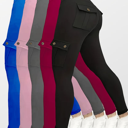 5pcs Set Women's High-Waisted Yoga Leggings with Belt Pockets & Button Closure - Full Coverage Flap Pocket Athletic Pants, Solid Color Gym Workout Running Training Suit (Black, Navy, Gray, Pink, Red) - Comfortable Machine-Was