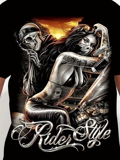 Men's Big & Tall Motorcycle Rider Graphic T-Shirt - Stretch Comfort Fit Tee with Sleeve Prints - Breathable Spandex Shirt for Motorcycle Enthusiasts - Machine Washable Biker Apparel (Plus Size Clothing), Casual Summer Wear, S