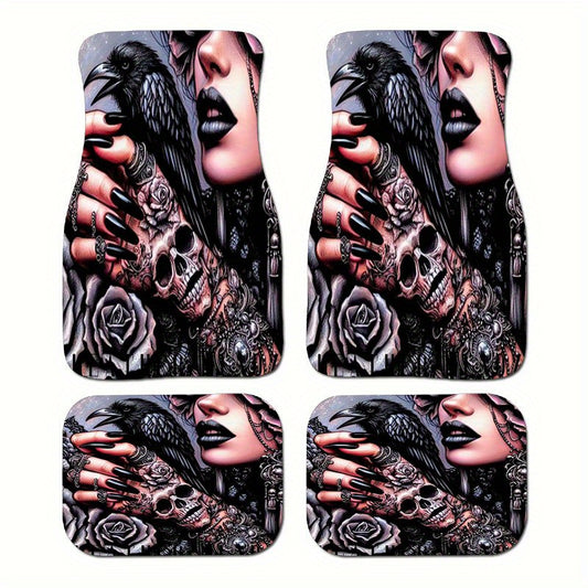 Set of Four Car Floor Mats Featuring a Skull Rose Design, Made from Crystal Velvet with Anti-Slip Properties. This Universal Set Enhances Your Vehicle'S Interior, Effectively Gathers Hair, Maintains Cleanliness, Is Easy to Cl