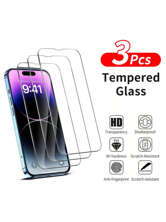 3-Pack Tempered Glass Screen Protectors for Apple iPhone 15/14/13/12 Series - Super HD 9H Hardness Full Coverage Protection