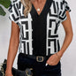 Geo Print Batwing Sleeve Blouse, Elegant V Neck Top For Spring & Summer, Women's Clothing