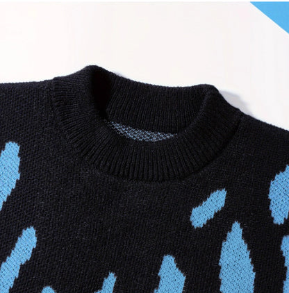 Loose-fitting Crew Neck Design Trendy Avant-garde Black-and-blue Color Scheme Abstract-pattern Knit Sweater