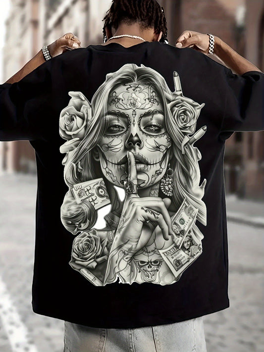 Sugar Skull Graphic Tee - Black 100% Cotton T-Shirt Featuring Monochromatic Design of a Woman with Day of the Dead Makeup and Floral Elements, Urban Style for Casual Wear - Ideal Gift for Halloween, Cultural Celebrations, or