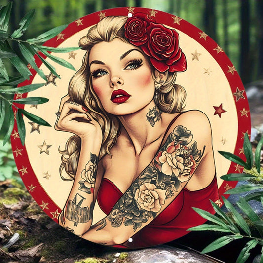 1pc vintage tattoo art girl and roses Printed pattern Retro Round Metal Sign, for Office, Bar, Game Room, Cafe, Perfect for Indoor Wall Accents and Seasonal Wall Decoration Needs