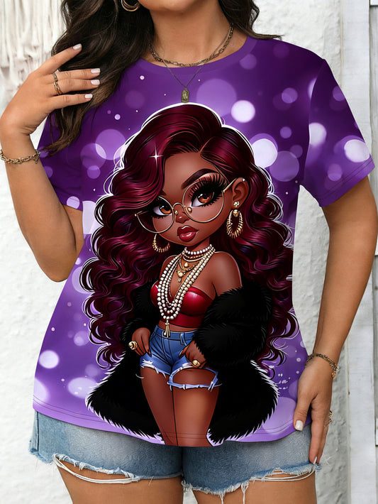 Plus-size Women'S T-shirt in Purple Tones | Trendy and Cool Style, Fully Printed, Crew Neck, Short Sleeves, Soft and Comfortable Fabric, Machine Washable, Suitable for Casual Wear in All Seasons or as a Gift
